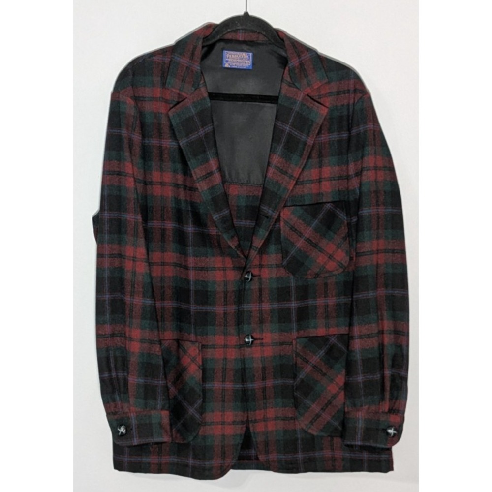 Vintage Pendleton Topster Wool Red Green Black Plaid Shirt Jacket USA L
